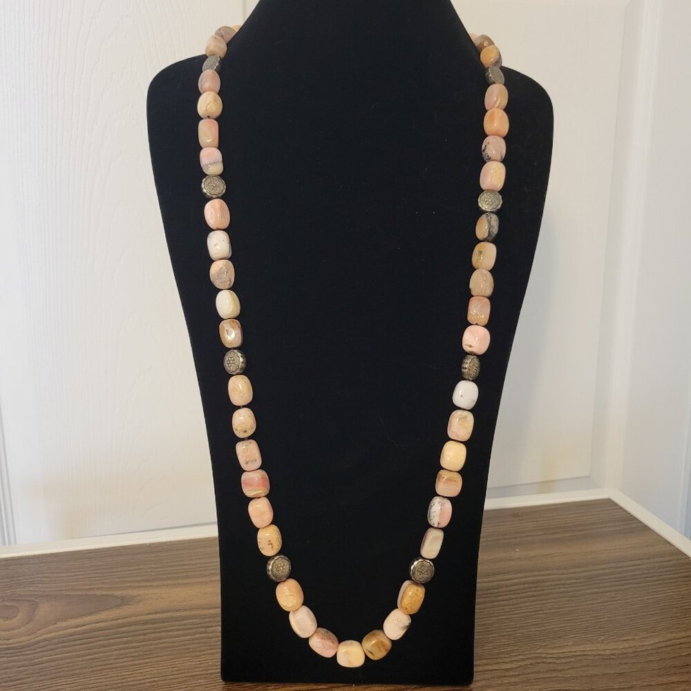 Long Chunky Pink Stone Necklace with Silver Beads, EUC